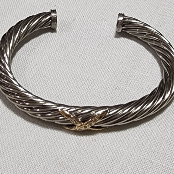 Sterling and 14K gold and diamond "X" Cable Twist cuff bracelet - Picture 5 of 12